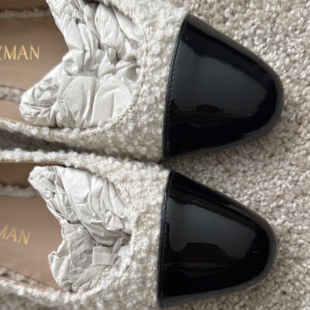 Stuart Weitzman Women's Shearling - Cream and Black with Pearls Ballet Flats - Picture 4 of 4